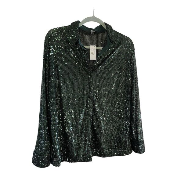 NWT Express Women’s Relaxed Portofino Green Sequin Button Up Shirt Medium - Picture 2 of 8